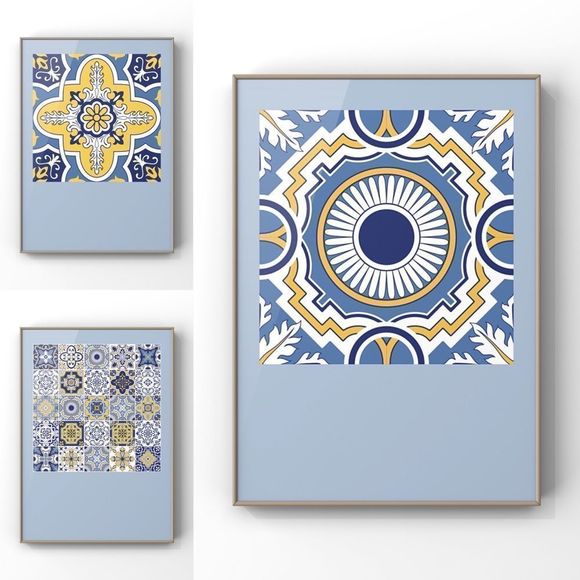Moroccan Tribal Trendy Tile Blue yellow Poster Wall Art set of four Art Print - Picture 3 of 12